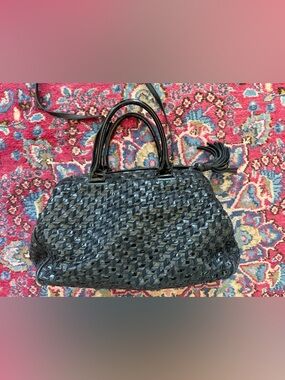 Vintage Black Woven Patent Leather Satchel with Top Handles and tassel
